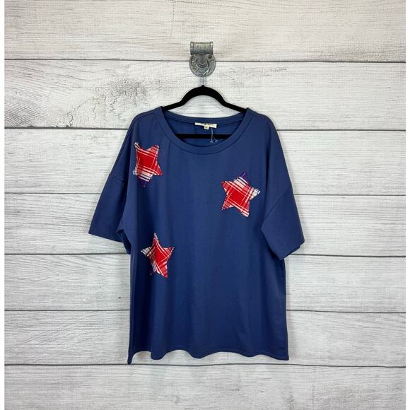 Haptics Plus Size Blue USA Star Patch Short Sleeve Tee Size 3X - Picture 1 of 6